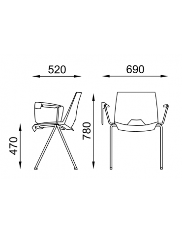 Sedia fissa con telaio a 4 gambe in acciaio cromato, braccioli e tavoletta - Sedile e schienale monoscocca in polipropilene -CAM