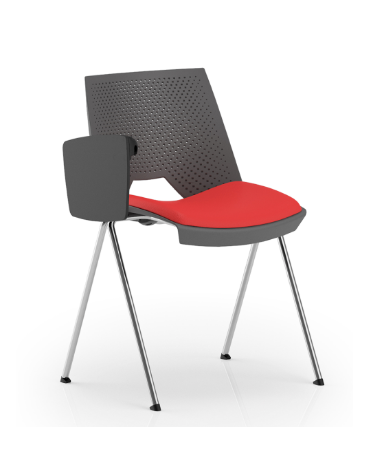 Sedia fissa monoscocca in polipropilene con telaio a 4 gambe in acciaio cromato, bracciolo Dx e tavoletta - Sedile imbottito