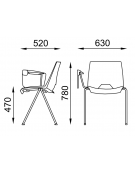 Sedia fissa monoscocca in polipropilene con telaio a 4 gambe in acciaio cromato, bracciolo Dx e tavoletta - Sedile imbottito
