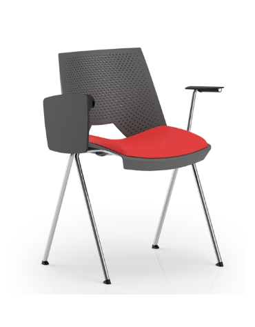 Sedia fissa monoscocca in polipropilene con telaio a 4 gambe in acciaio cromato, braccioli e tavoletta - Sedile imbottito