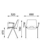 Sedia fissa monoscocca in polipropilene con telaio a 4 gambe in acciaio cromato, braccioli e tavoletta - Sedile imbottito