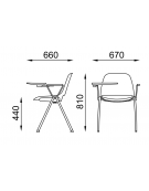 Sedia fissa monoscocca in polipropilene con telaio a 4 gambe in acciaio cromato e bracciolo Dx e tavoletta - Sedile imbottito
