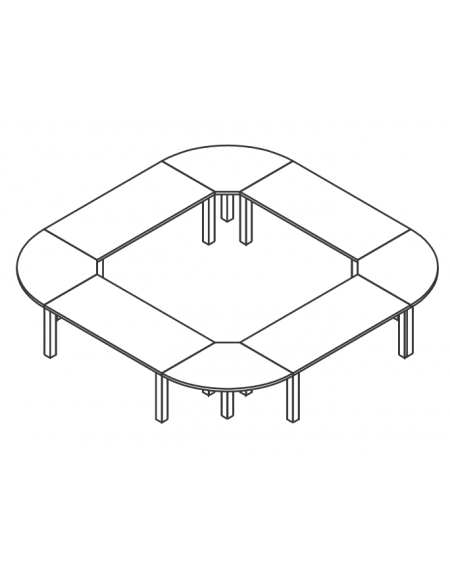Tavolo conferenza composto chiuso con angoli simmetrici, piano in melaminico e gambe metalliche - cm 382x382x74h