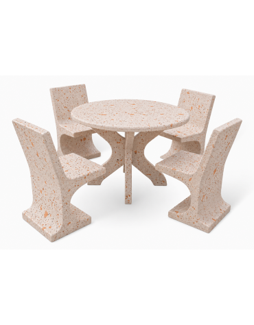 Set pic nic in cemento colore Bianco travertino - 1 tavolo circolare cm Ø110x75h e 4 sedute con schienale  - Conforme ai CAM