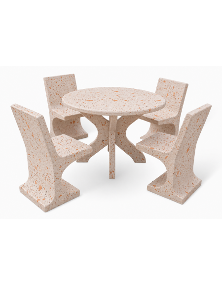 Set pic nic in cemento colore Bianco travertino - 1 tavolo circolare cm Ø110x75h e 4 sedute con schienale  - Conforme ai CAM