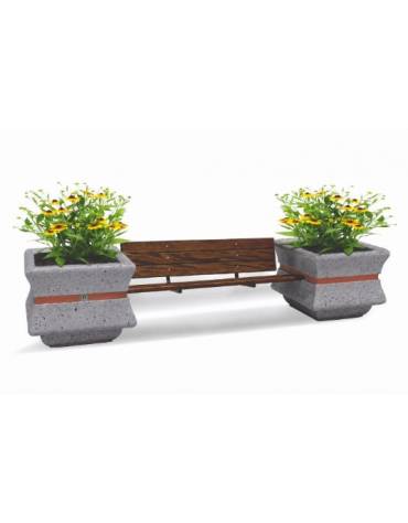 PANCHINA CON SCHIENALE E SEDUTA IN LEGNO TRA 2 FIORIERE QUADRATE IN CEMENTO COLORE GRIGIO PIETRA - CM 340x90x85H - Conforme CAM