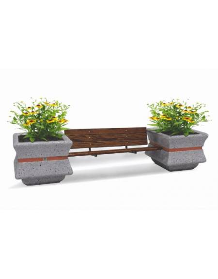 PANCHINA CON SCHIENALE E SEDUTA IN LEGNO TRA 2 FIORIERE QUADRATE IN CEMENTO COLORE GRIGIO PIETRA - CM 340x90x85H - Conforme CAM