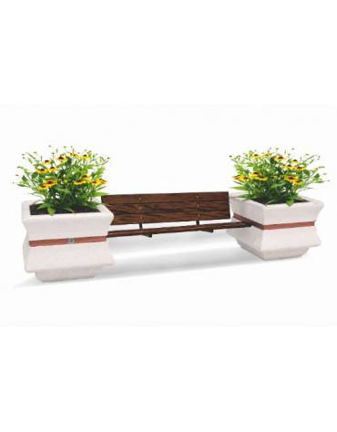 PANCHINA CON SCHIENALE E SEDUTA IN LEGNO TRA 2 FIORIERE QUADRATE IN CEMENTO COLORE BIANCO PIETRA - CM 340x90x85H - CAM