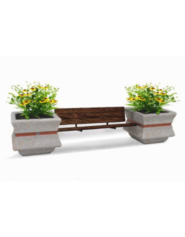 PANCHINA CON SCHIENALE E SEDUTA IN LEGNO TRA 2 FIORIERE QUADRATE IN CEMENTO COLORE GRIGIO TRAVERTINO - CM 340x90x85H - CAM