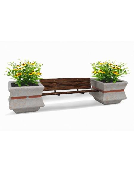 PANCHINA CON SCHIENALE E SEDUTA IN LEGNO TRA 2 FIORIERE QUADRATE IN CEMENTO COLORE GRIGIO TRAVERTINO - CM 340x90x85H - CAM