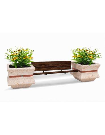 PANCHINA CON SCHIENALE E SEDUTA IN LEGNO TRA 2 FIORIERE QUADRATE IN CEMENTO COLORE BIANCO TRAVERTINO - CM 340x90x85H - CAM