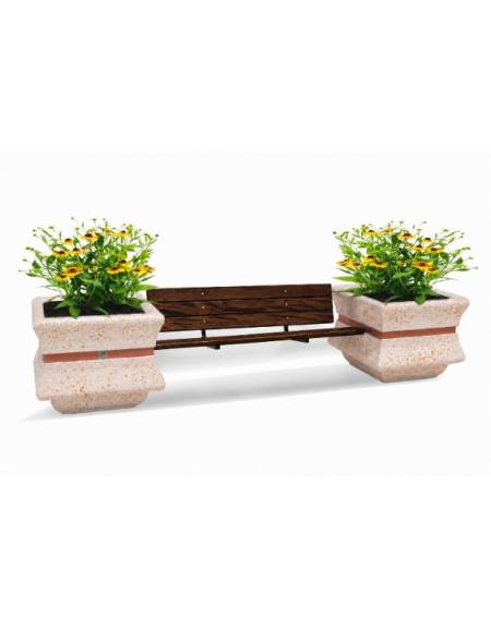 PANCHINA CON SCHIENALE E SEDUTA IN LEGNO TRA 2 FIORIERE QUADRATE IN CEMENTO COLORE BIANCO TRAVERTINO - CM 340x90x85H - CAM