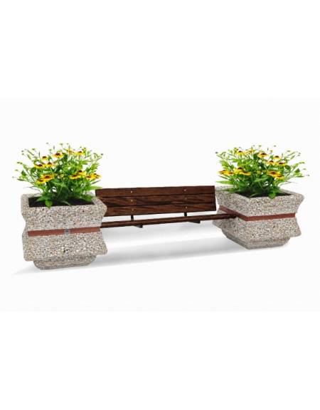 PANCHINA CON SCHIENALE E SEDUTA IN LEGNO TRA 2 FIORIERE QUADRATE IN CEMENTO COLORE GRIGIO SABBIATO - CM 340x90x85H - CAM