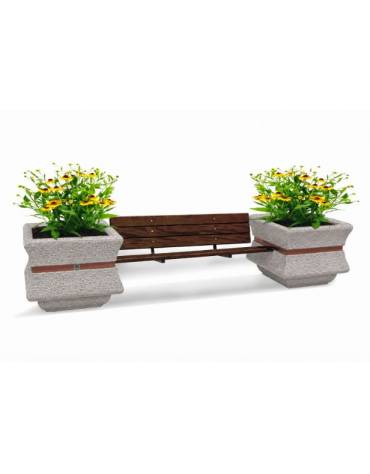 PANCHINA CON SCHIENALE E SEDUTA IN LEGNO TRA 2 FIORIERE QUADRATE IN CEMENTO COLORE BIANCO SABBIATO - CM 340x90x85H - CAM