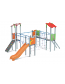 Villaggio con 4 torri (2 con tetto), struttura in alluminio, scivolo in polietilene e pedana arrampicata - cm 680x370x317h