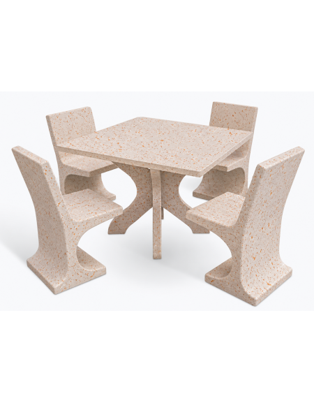 Set picnic in cemento IDROREPELLENTE colore Bianco travertino - 1 tavolo quadrato cm 110x110x75h e 4 sedute con schienale  - CAM