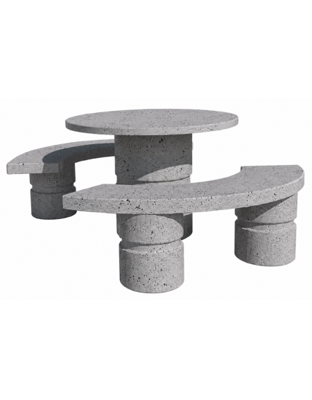 Set pic nic in cemento colore Grigio pietra - 1 tavolo circolare cm Ø110x75h e 2 panche curve cm Ø180x45h - Conforme ai CAM