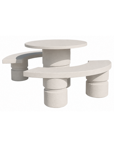 Set pic nic in cemento colore Bianco pietra - 1 tavolo circolare cm Ø110x75h e 2 panche curve cm Ø180x45h - Conforme ai CAM