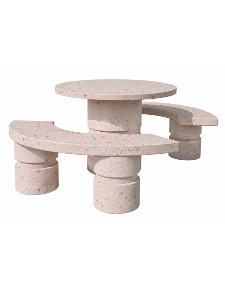 Set pic nic in cemento IDROREPELLENTE colore Bianco travertino - 1 tavolo circolare cm Ø110 e 2 panche curve cm Ø180 - CAM