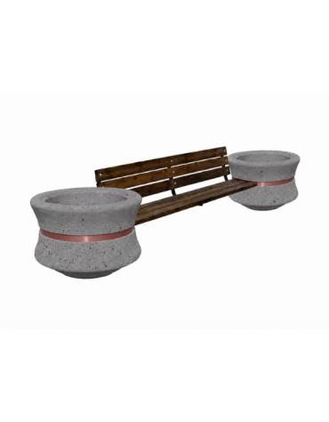 Panchina con schienale e seduta in legno fra 2 fioriere tonde in cemento colore Grigio pietra - cm 340x90x85h - Conforme ai CAM