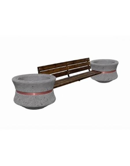 Panchina con schienale e seduta in legno fra 2 fioriere tonde in cemento colore Grigio pietra - cm 340x90x85h - Conforme ai CAM