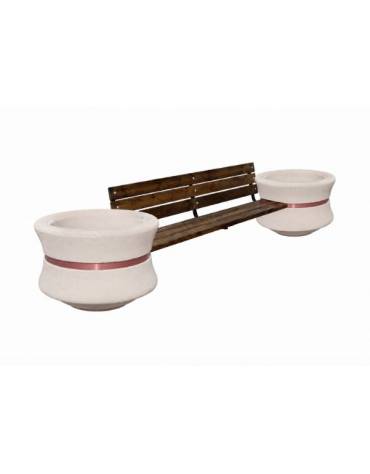 Panchina con schienale e seduta in legno fra 2 fioriere tonde in cemento colore Bianco pietra - cm 340x90x85h - Conforme ai CAM