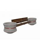 Panchina con schienale e seduta in legno fra 2 fioriere tonde in cemento colore Grigio travertino - cm 340x90x85h - CAM