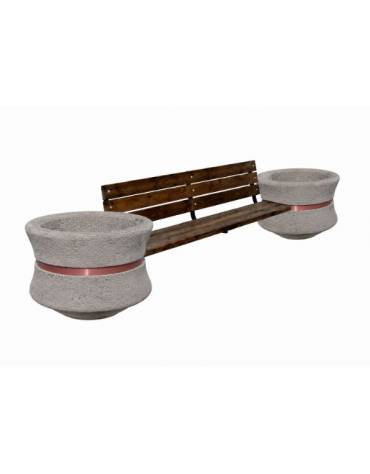 Panchina con schienale e seduta in legno fra 2 fioriere tonde in cemento colore Bianco sabbiato - cm 340x90x85h - CAM
