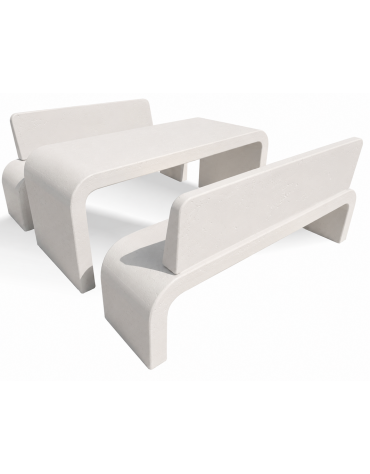 Set pic nic in cemento colore Bianco pietra - 1 tavolo e 2 panchine con fianchi curvi - Lunghezza cm 200 - Conforme ai CAM
