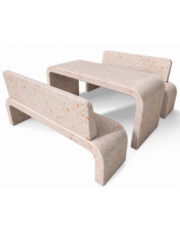 Set pic nic in cemento IDROREPELLENTE colore Bianco travertino - 1 tavolo e 2 panchine fianchi curvi - Lunghezza cm 200 - CAM