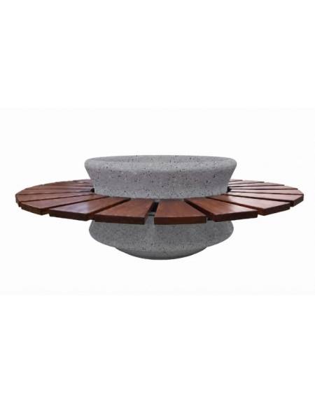 Panchina circolare con seduta in legno esotico e fioriera centrale in cemento colore Grigio pietra - Diametro esterno cm 170