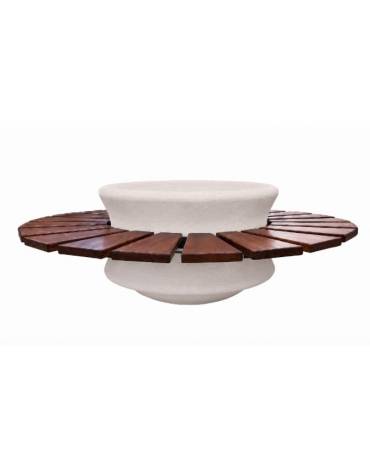Panchina circolare con seduta in legno esotico e fioriera centrale in cemento colore Bianco pietra - Diametro esterno cm 170