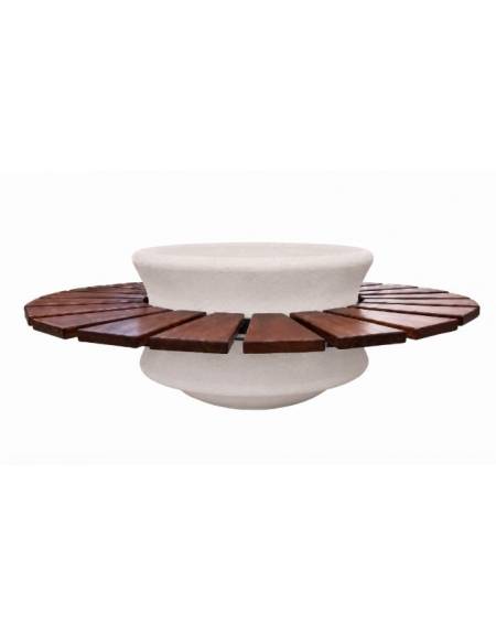 Panchina circolare con seduta in legno esotico e fioriera centrale in cemento colore Bianco pietra - Diametro esterno cm 170
