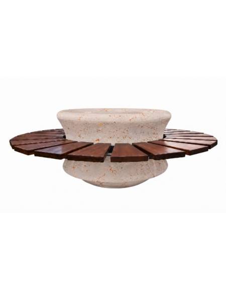 Panchina circolare con seduta in legno esotico e fioriera centrale in cemento colore Bianco travertino - Diametro esterno cm 170