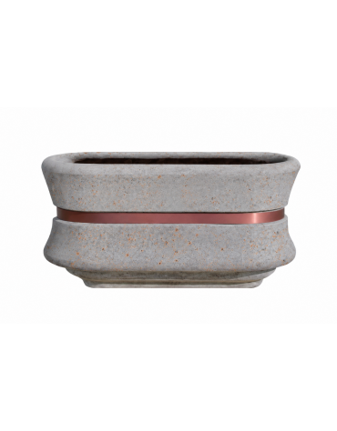 Fioriera in cemento calcestruzzo ovale colore Grigio travertino - con fascia color rame - cm 100x60x65h - conforme ai CAM