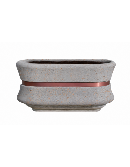 Fioriera in cemento calcestruzzo ovale colore Grigio travertino - con fascia color rame - cm 100x60x65h - conforme ai CAM