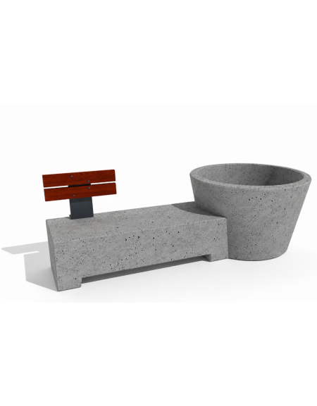 Panchina con fioriera tonda in cemento colore Grigio pietra - schienale in legno per 1 posto - cm 230x129x100h - Conforme ai CAM