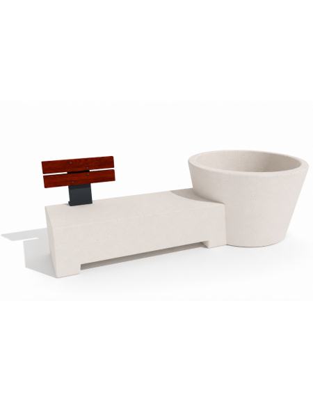 Panchina con fioriera tonda in cemento colore Bianco pietra - schienale in legno per 1 posto - cm 230x129x100h - Conforme ai CAM