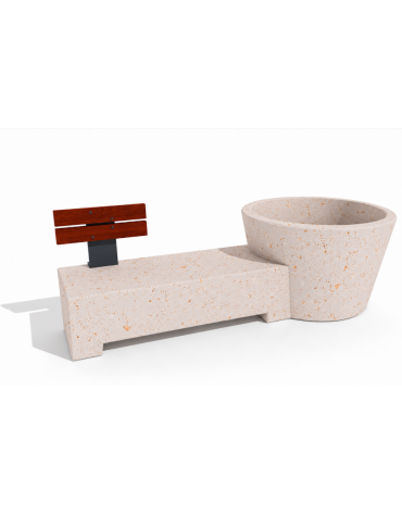 Panchina con fioriera tonda in cemento - colore Bianco travertino - schienale in legno per 1 posto - cm 230x129x100h - CAM