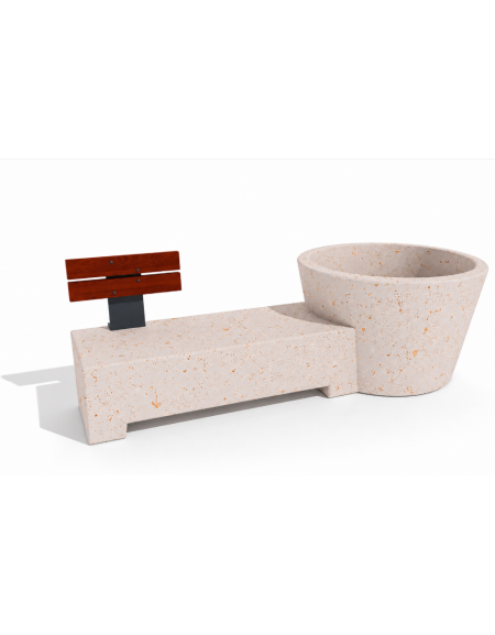 Panchina con fioriera tonda in cemento - colore Bianco travertino - schienale in legno per 1 posto - cm 230x129x100h - CAM