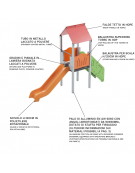 Torre con tetto, pali in alluminio rifiniti in legno light, scivolo in polietilene, scala e pianale in lamiera - cm 117x456x330h