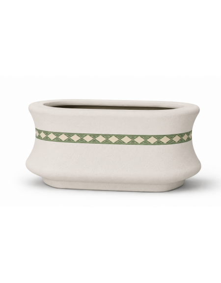 Fioriera ovale in cemento calcestruzzo colore Bianco pietra - con greca decorativa - cm 100x60x65h - Conforme ai CAM