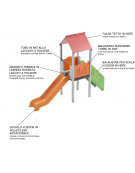 Torre con tetto, pali in legno di pino termotrattato, scivolo in polietilene, scala e pianale in lamiera - cm 117x456x330h