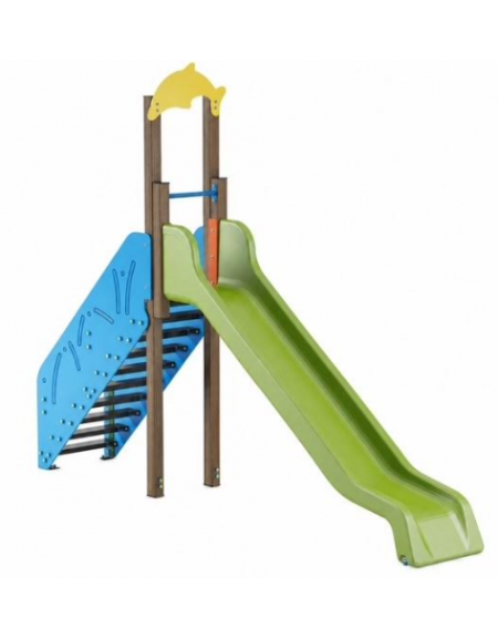 Scivolo Sali&scendi con pali in alluminio rifiniti in legno dark, scivolo in polietilene - piattaforma h cm 150 - cm 425x74x325h