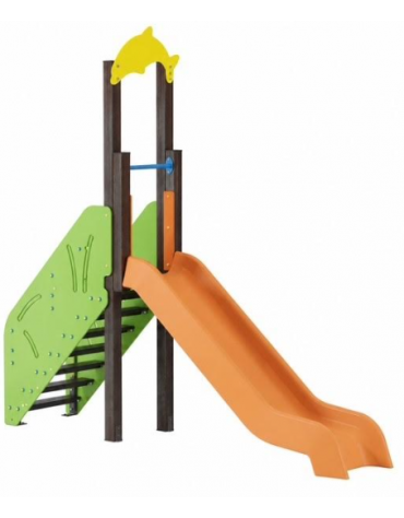 Scivolo Sali&scendi con pali in alluminio rifiniti in legno dark, scivolo in polietilene - piattaforma h cm 120 -cm 329x74x296h