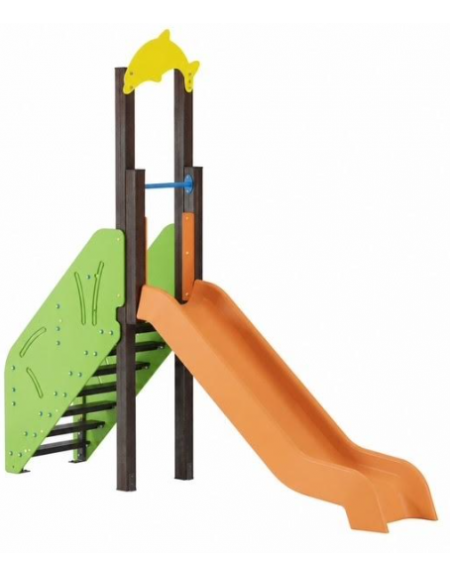 Scivolo Sali&scendi con pali in alluminio rifiniti in legno dark, scivolo in polietilene - piattaforma h cm 120 -cm 329x74x296h