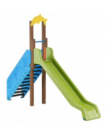 Scivolo Sali&scendi con pali in alluminio rifiniti in legno light, scivolo in polietilene - piattaforma h cm 150 -cm 425x74x325h