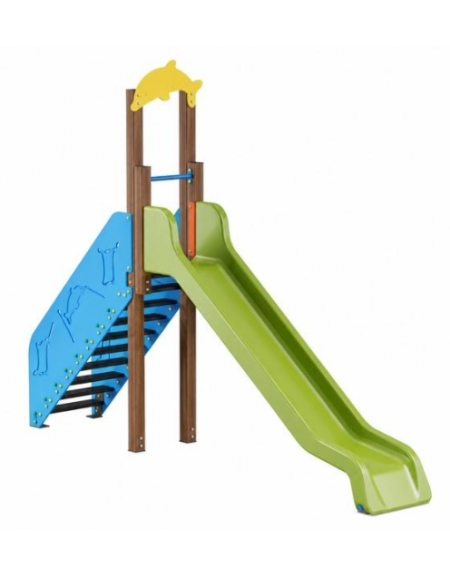 Scivolo Sali&scendi con pali in alluminio rifiniti in legno light, scivolo in polietilene - piattaforma h cm 150 -cm 425x74x325h