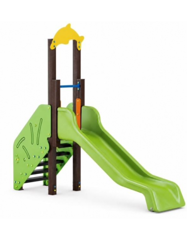 Scivolo Sali&scendi con pali in alluminio rifiniti in legno dark, scivolo in polietilene - piattaforma h cm 90 - cm 314x74x265h