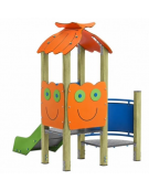 Mini torre singola con tetto, struttura in legno di pino nordico, scivolo dritto in acciaio e step - cm 158x207x232h